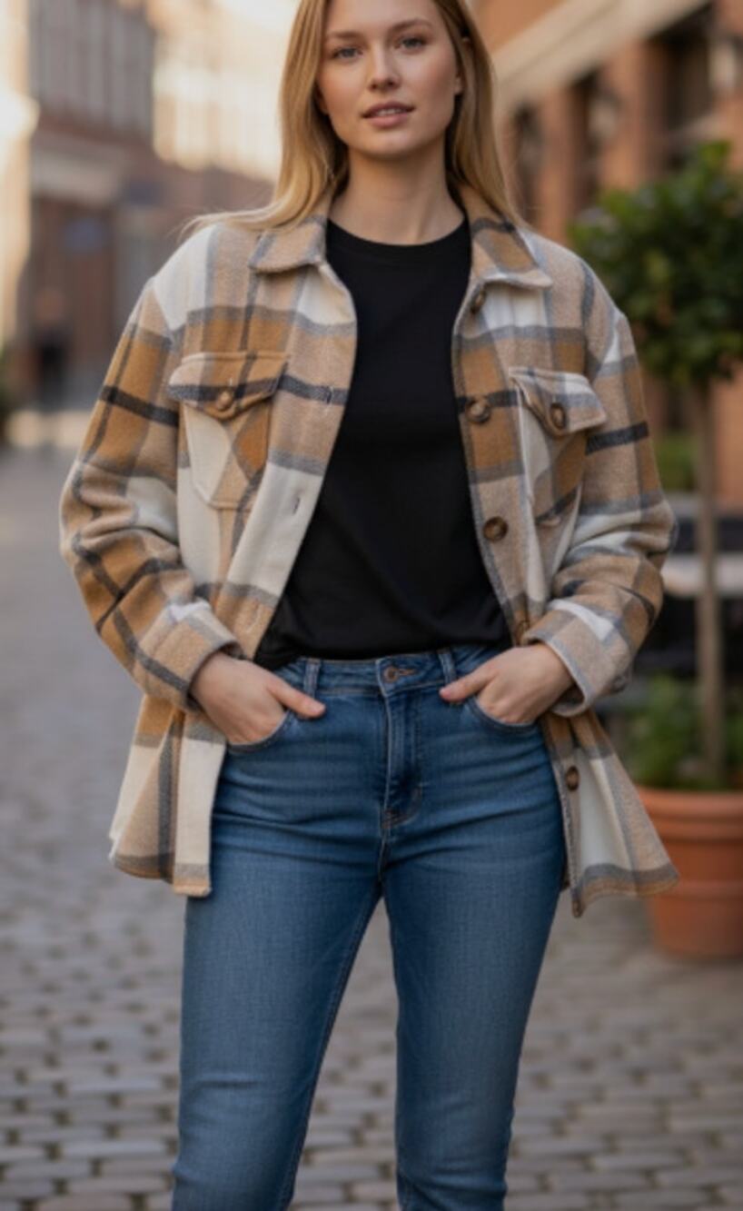 Women's Tan Flannel Plaid Shacket Jacket size Medium